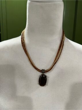 Premier Designs Multistrand Brown and Gold Beaded Necklace with Smoky Pendant